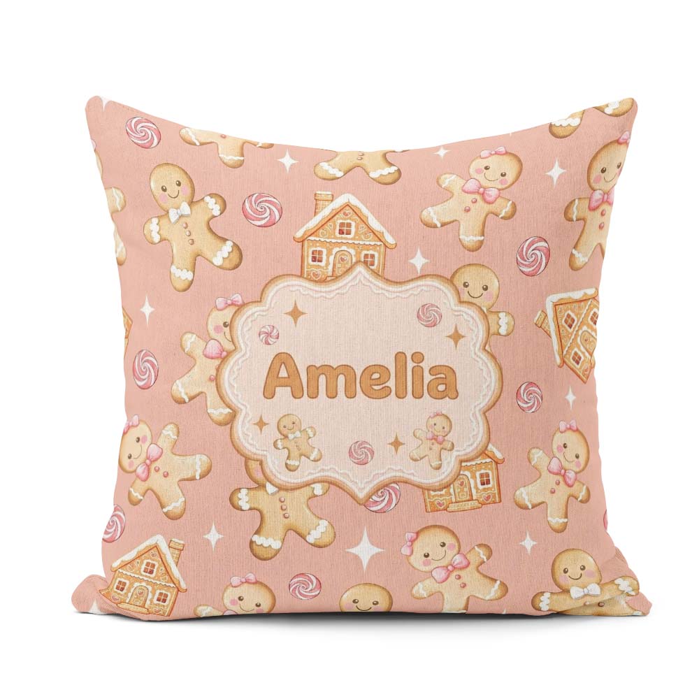Custom Name Cute Gingerbread Cookies Candy House on Peach Blush Square Filled Cushion Throw Pillow Sofa Bed Home Decor Zip Washable UK Made