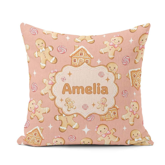 Custom Name Cute Gingerbread Cookies Candy House on Peach Blush Square Filled Cushion Throw Pillow Sofa Bed Home Decor Zip Washable UK Made