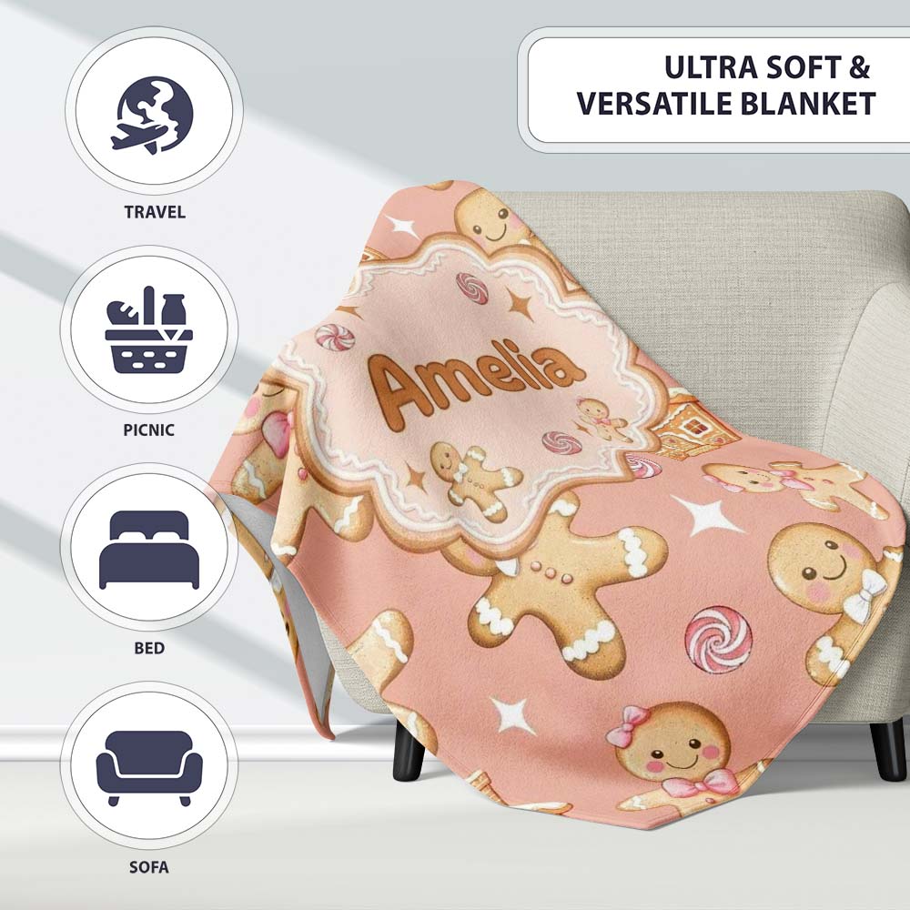 Cute Gingerbread Cookies Candy House on Peach Blush Background  Personalised Custom Name Super Soft Fleece Blanket Bed Sofa Throw