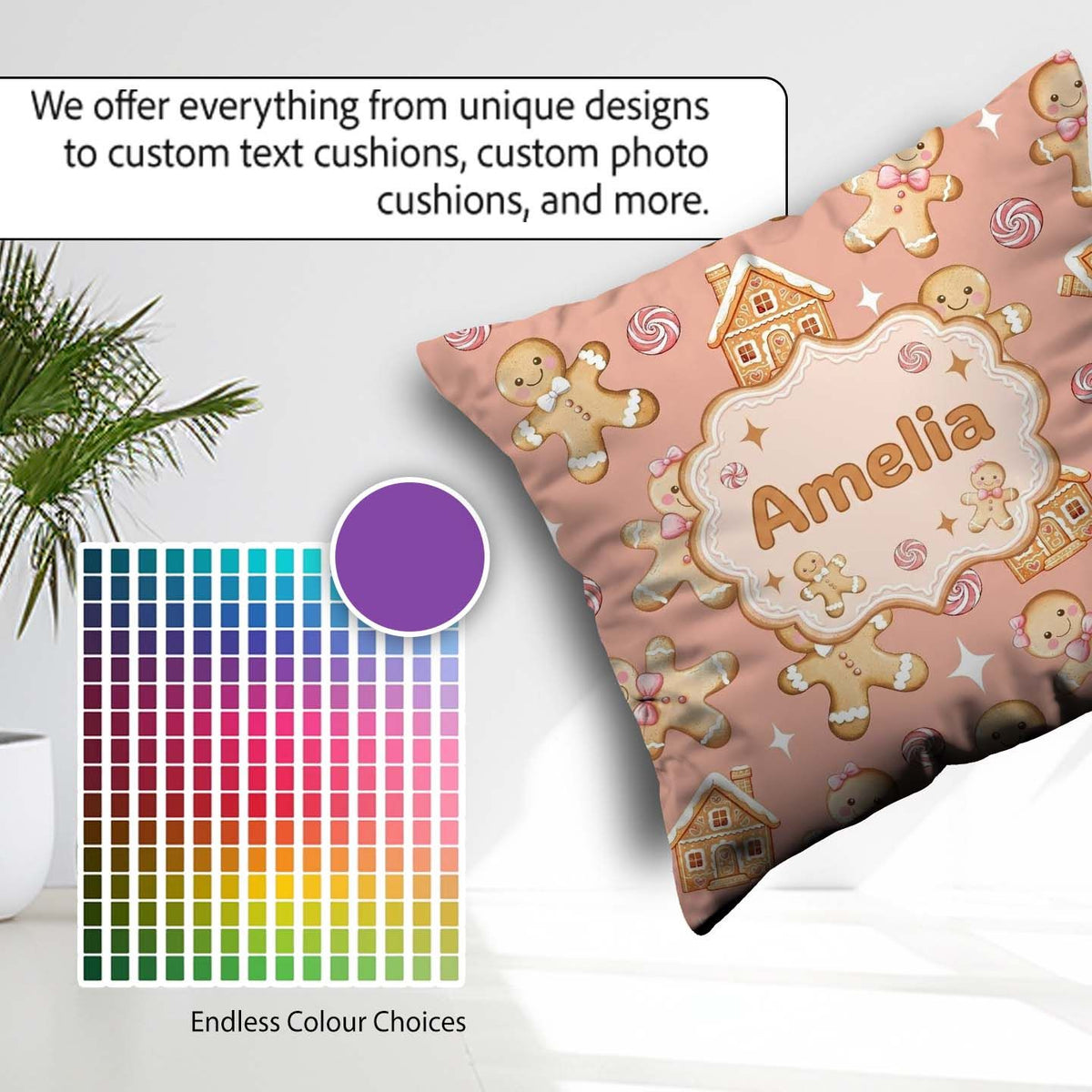 Custom Name Cute Gingerbread Cookies Candy House on Peach Blush Square Filled Cushion Throw Pillow Sofa Bed Home Decor Zip Washable UK Made