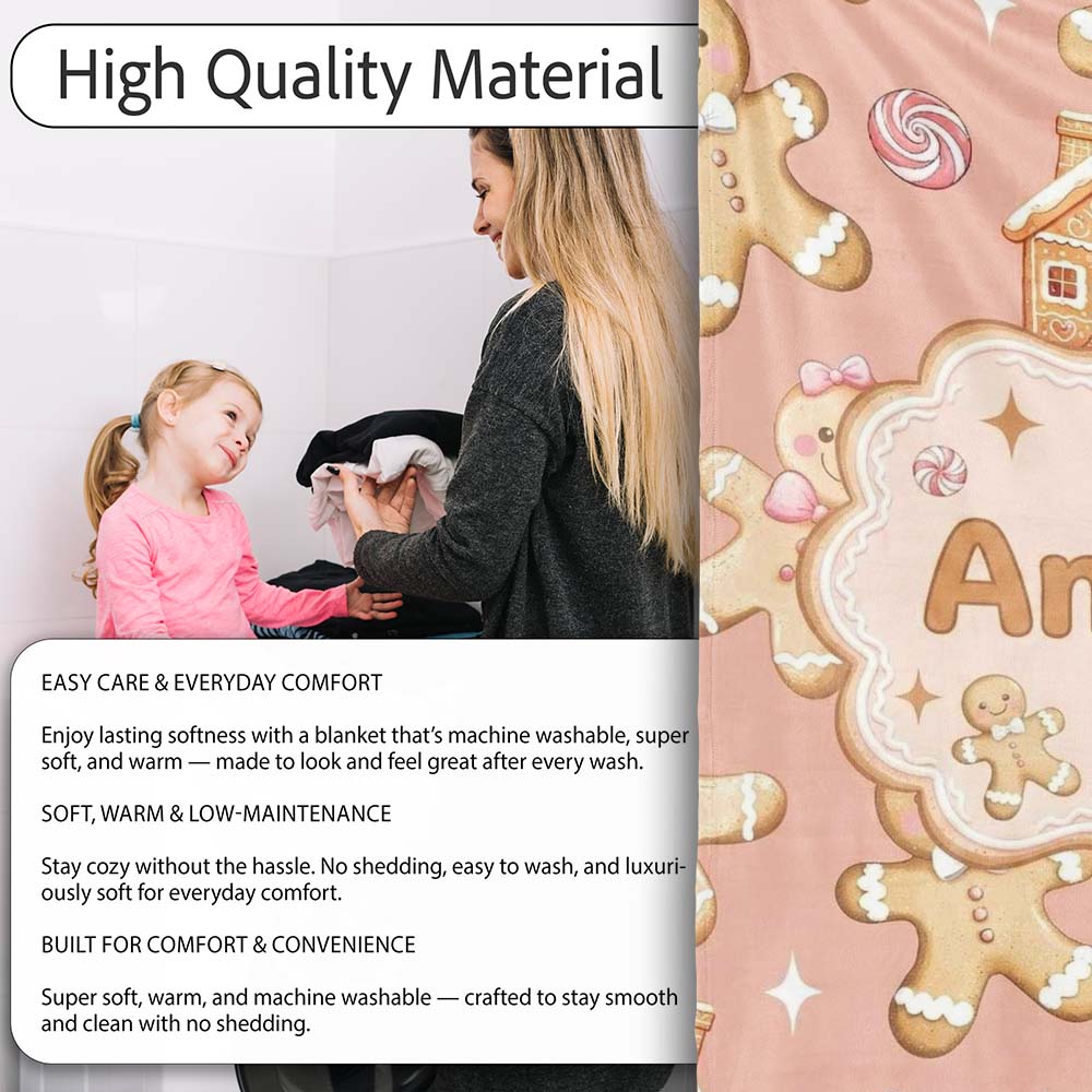 Cute Gingerbread Cookies Candy House on Peach Blush Background  Personalised Custom Name Super Soft Fleece Blanket Bed Sofa Throw