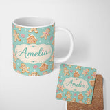Personalized Custom Name Cute Gingerbread Cookies Candy House on Mint Green Background 11oz Ceramic Coffee Tea Mug White Large Handle