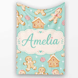 Cute Gingerbread Cookies Candy House on Mint Green Background  Personalised Custom Name Super Soft Fleece Blanket Bed Sofa Throw