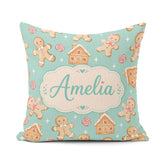 Custom Name Cute Gingerbread Cookies Candy House on Mint Green Square Filled Cushion Throw Pillow Sofa Bed Home Decor Zip Washable UK Made