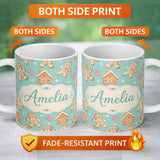 Personalized Custom Name Cute Gingerbread Cookies Candy House on Mint Green Background 11oz Ceramic Coffee Tea Mug White Large Handle