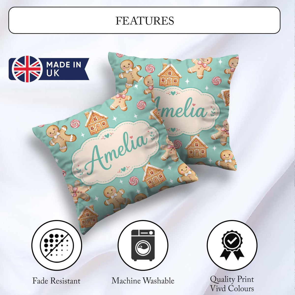 Custom Name Cute Gingerbread Cookies Candy House on Mint Green Square Filled Cushion Throw Pillow Sofa Bed Home Decor Zip Washable UK Made