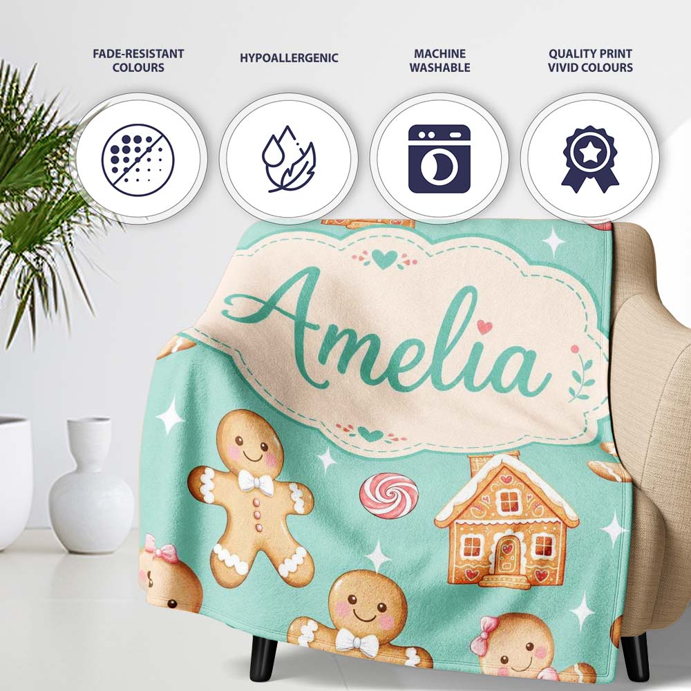 Cute Gingerbread Cookies Candy House on Mint Green Background  Personalised Custom Name Super Soft Fleece Blanket Bed Sofa Throw
