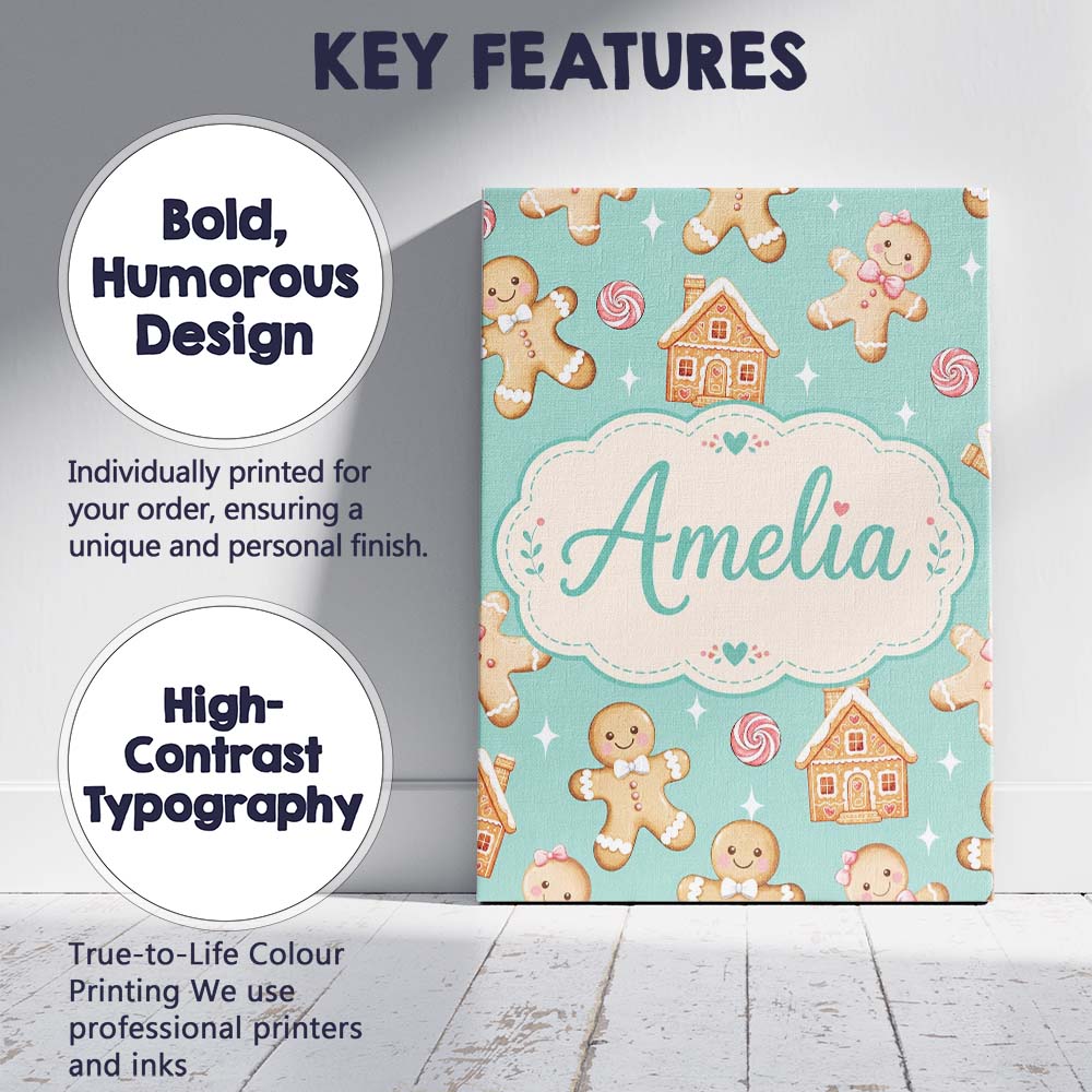 Personalised Name Cute Gingerbread Cookies Custom  Unique Gift Idea Elegant Feature Canvas Wall Art Print Decor Picture Ready to Hang