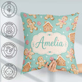 Custom Name Cute Gingerbread Cookies Candy House on Mint Green Square Filled Cushion Throw Pillow Sofa Bed Home Decor Zip Washable UK Made