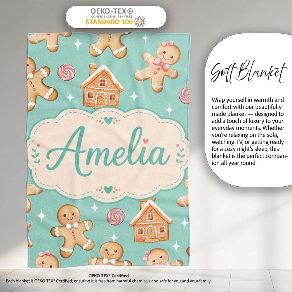 Cute Gingerbread Cookies Candy House on Mint Green Background  Personalised Custom Name Super Soft Fleece Blanket Bed Sofa Throw
