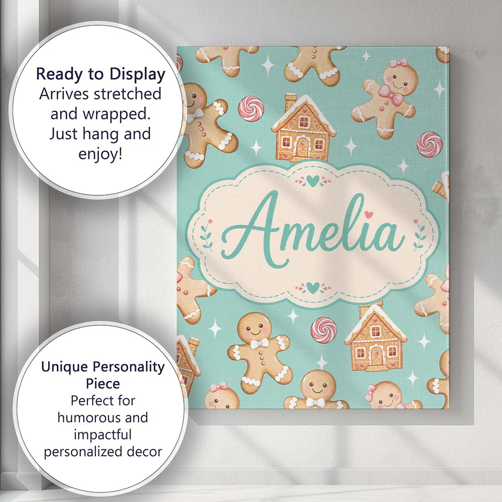 Personalised Name Cute Gingerbread Cookies Custom  Unique Gift Idea Elegant Feature Canvas Wall Art Print Decor Picture Ready to Hang