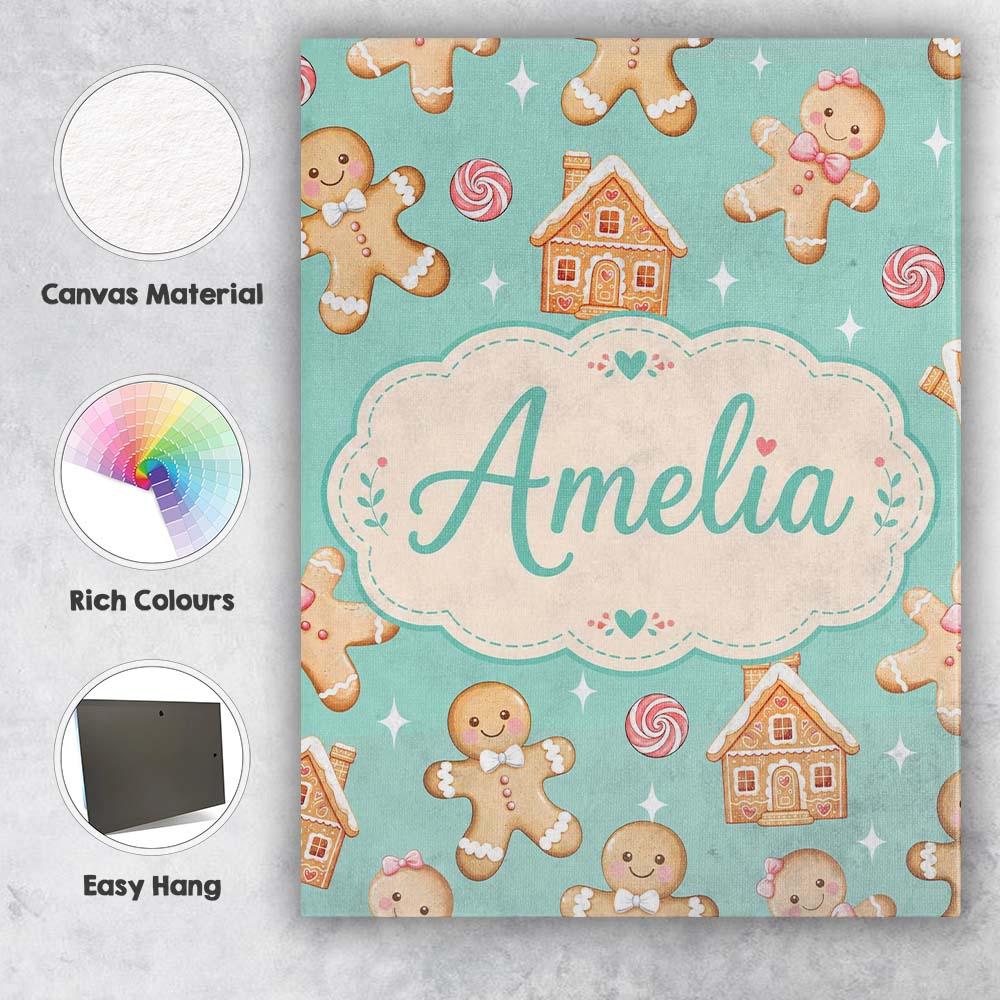 Personalised Name Cute Gingerbread Cookies Custom  Unique Gift Idea Elegant Feature Canvas Wall Art Print Decor Picture Ready to Hang