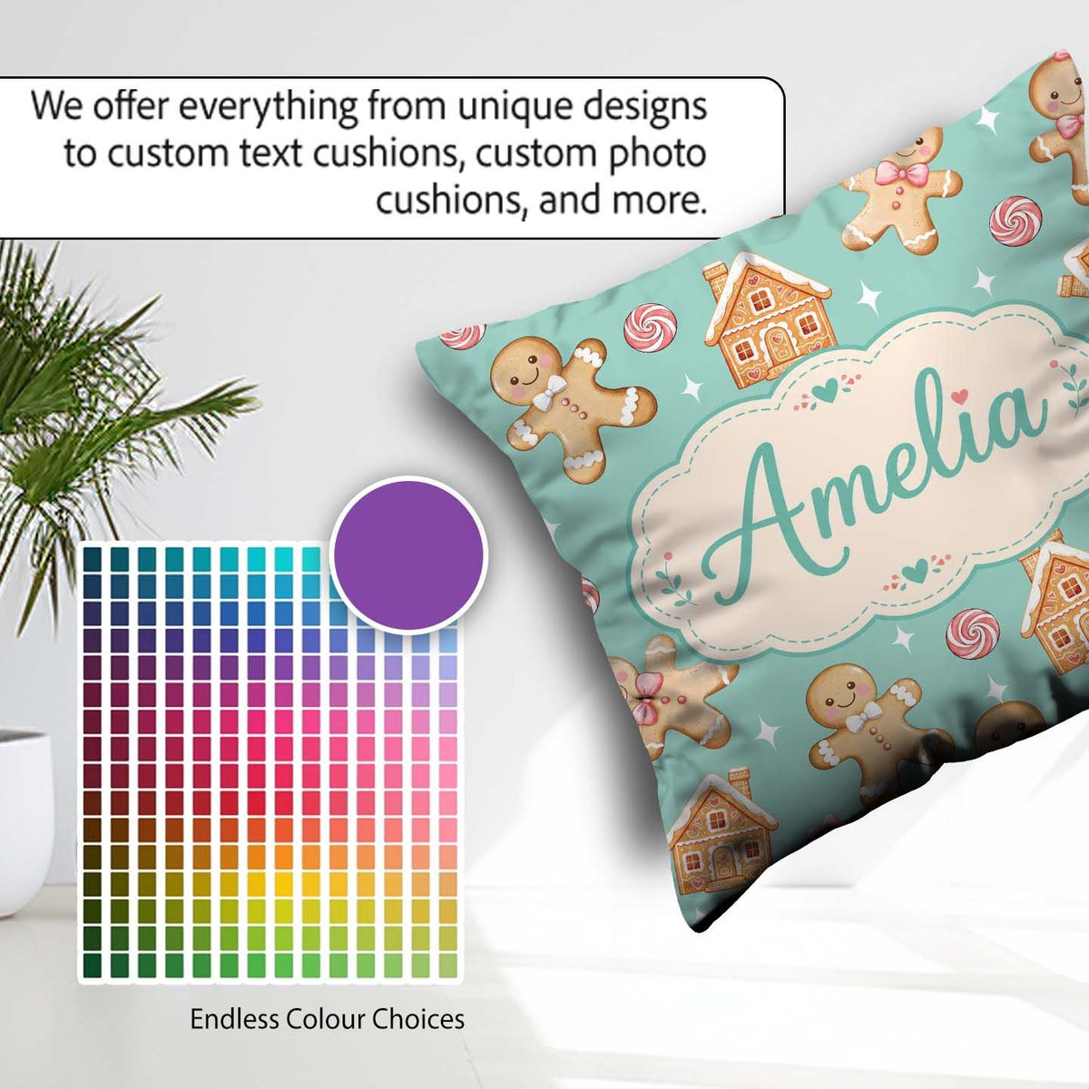 Custom Name Cute Gingerbread Cookies Candy House on Mint Green Square Filled Cushion Throw Pillow Sofa Bed Home Decor Zip Washable UK Made