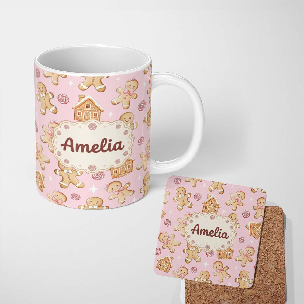 Personalized Custom Name Cute Gingerbread Cookies Candy House on Pastel Pink Background 11oz Ceramic Coffee Tea Mug White Large Handle