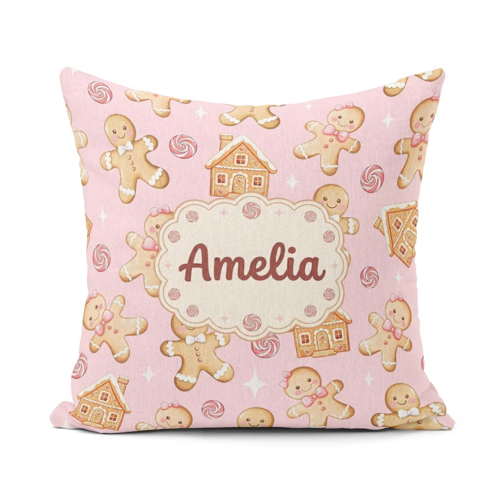 Custom Name Cute Gingerbread Cookies Candy House on Pastel Pink Square Filled Cushion Throw Pillow Sofa Bed Home Decor Zip Washable UK Made