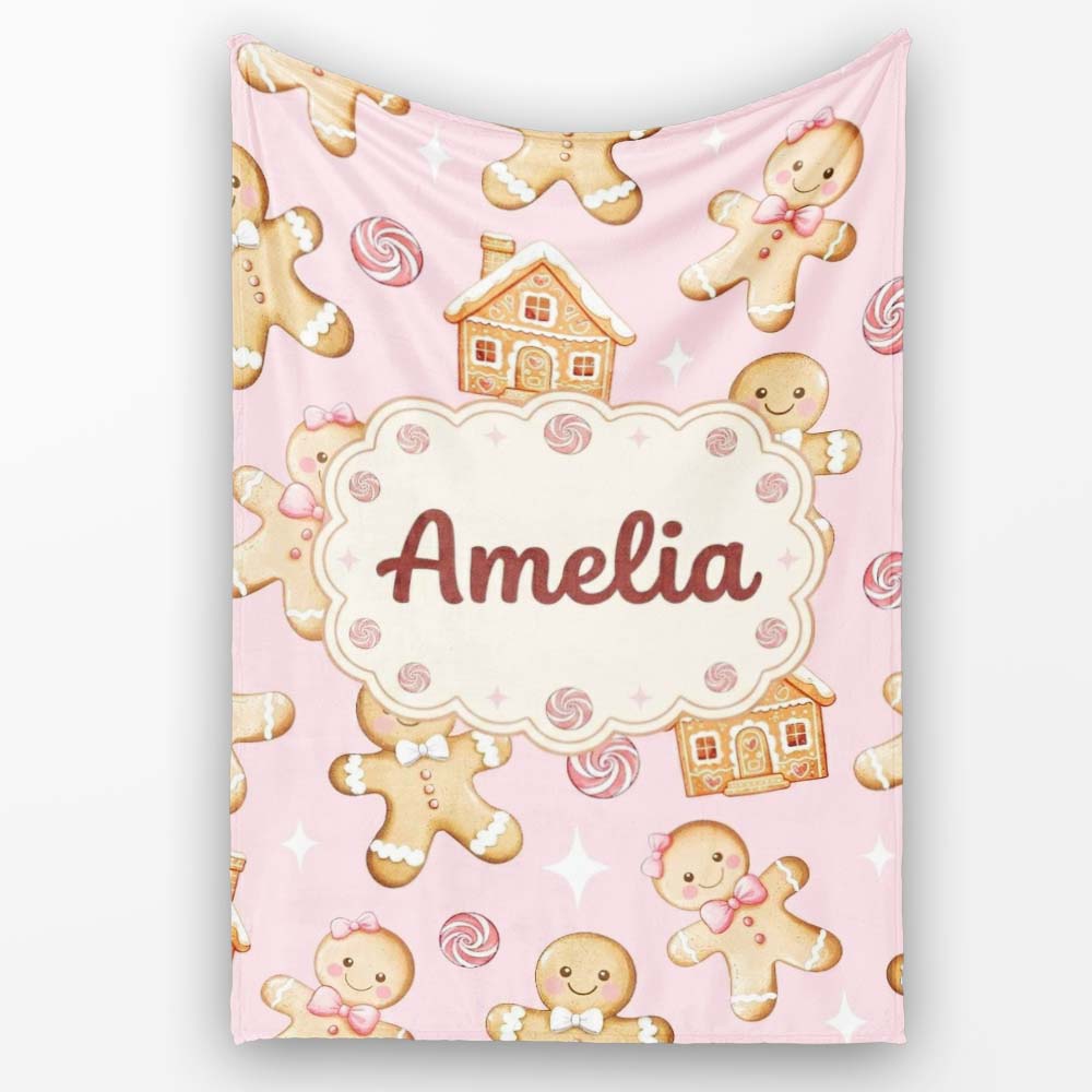 Cute Gingerbread Cookies Candy House on Pastel Pink Background  Personalised Custom Name Super Soft Fleece Blanket Bed Sofa Throw