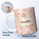 Personalized Custom Name Cute Gingerbread Cookies Candy House on Pastel Pink Background 11oz Ceramic Coffee Tea Mug White Large Handle