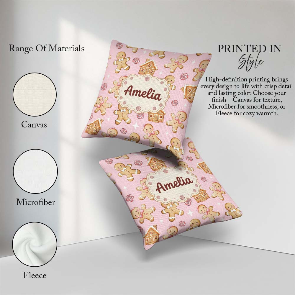 Custom Name Cute Gingerbread Cookies Candy House on Pastel Pink Square Filled Cushion Throw Pillow Sofa Bed Home Decor Zip Washable UK Made