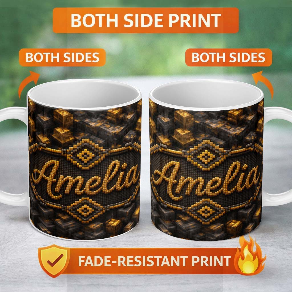 Personalized Custom Name Golden Brown 3D Cube Block Abstract Seamless Pattern Lovely 11oz Ceramic Coffee Tea Mug White Large Handle
