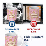 Personalized Custom Name Cute Gingerbread Cookies Candy House on Dusty Rose Background 11oz Ceramic Coffee Tea Mug White Large Handle