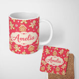 Personalized Custom Name Cute Gingerbread Cookies Candy House on Festive Red Background 11oz Ceramic Coffee Tea Mug White Large Handle