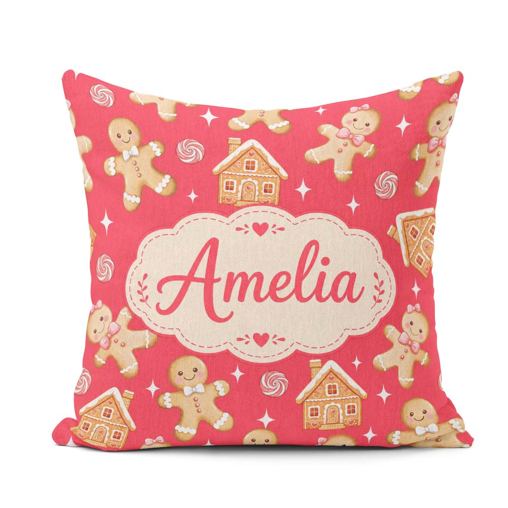 Custom Name Cute Gingerbread Cookies Candy House on Festive Red Square Filled Cushion Throw Pillow Sofa Bed Home Decor Zip Washable UK Made