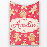 Cute Gingerbread Cookies Candy House on Festive Red Background  Personalised Custom Name Super Soft Fleece Blanket Bed Sofa Throw