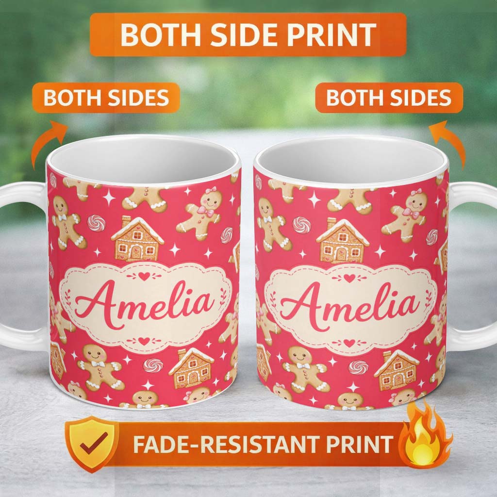 Personalized Custom Name Cute Gingerbread Cookies Candy House on Festive Red Background 11oz Ceramic Coffee Tea Mug White Large Handle