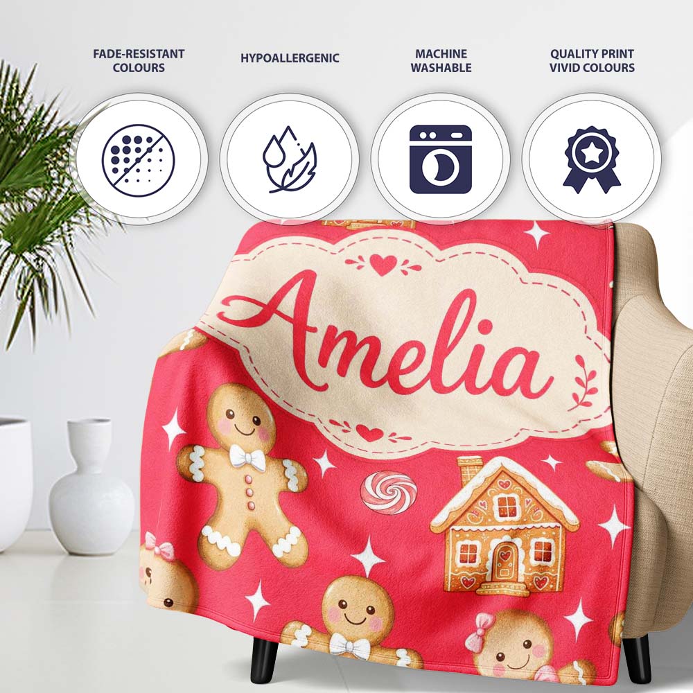 Cute Gingerbread Cookies Candy House on Festive Red Background  Personalised Custom Name Super Soft Fleece Blanket Bed Sofa Throw