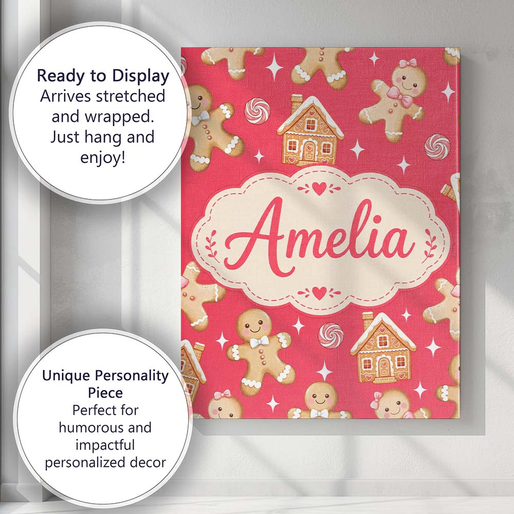 Personalised Name Cute Gingerbread Cookies Custom  Unique Gift Idea Elegant Feature Canvas Wall Art Print Decor Picture Ready to Hang