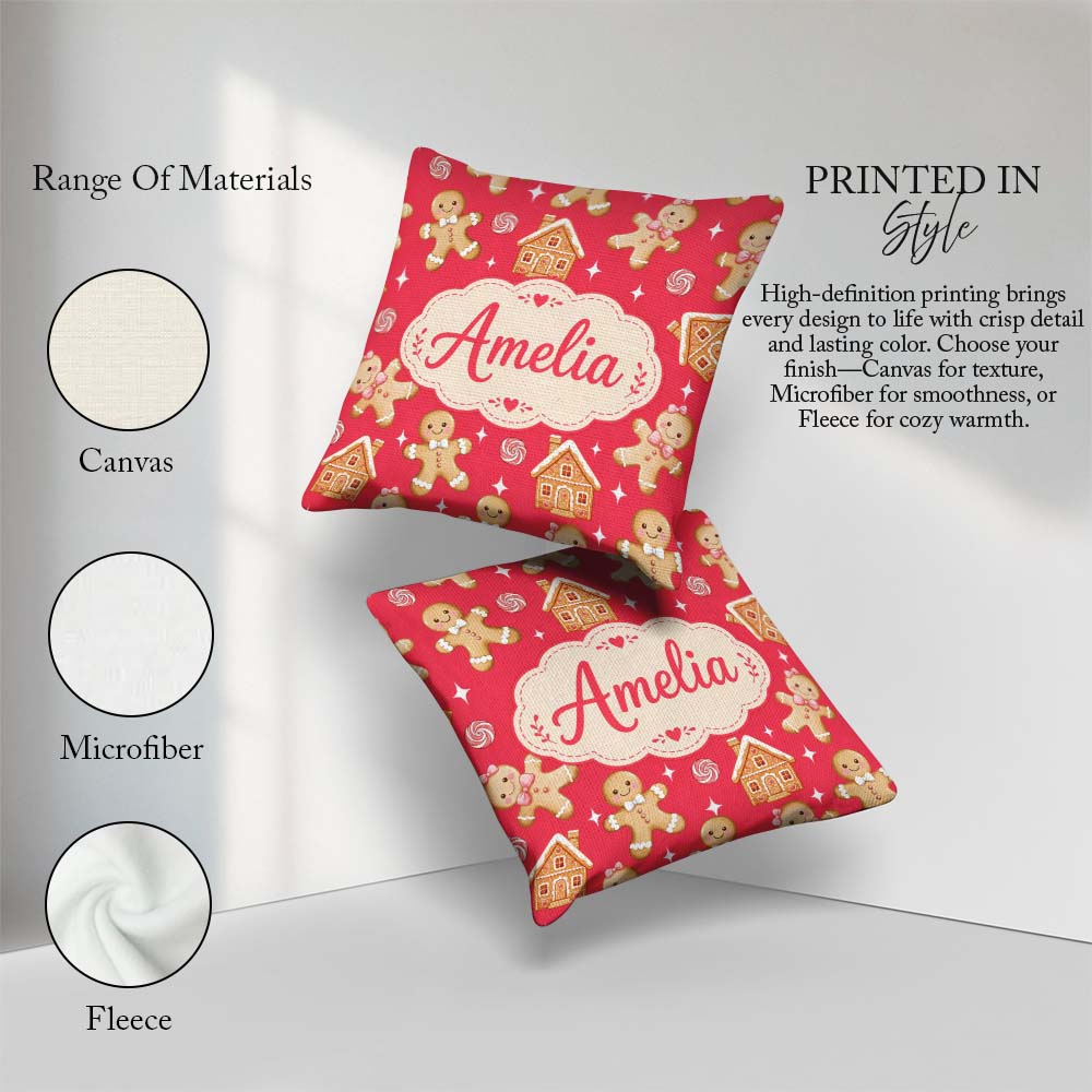 Custom Name Cute Gingerbread Cookies Candy House on Festive Red Square Filled Cushion Throw Pillow Sofa Bed Home Decor Zip Washable UK Made