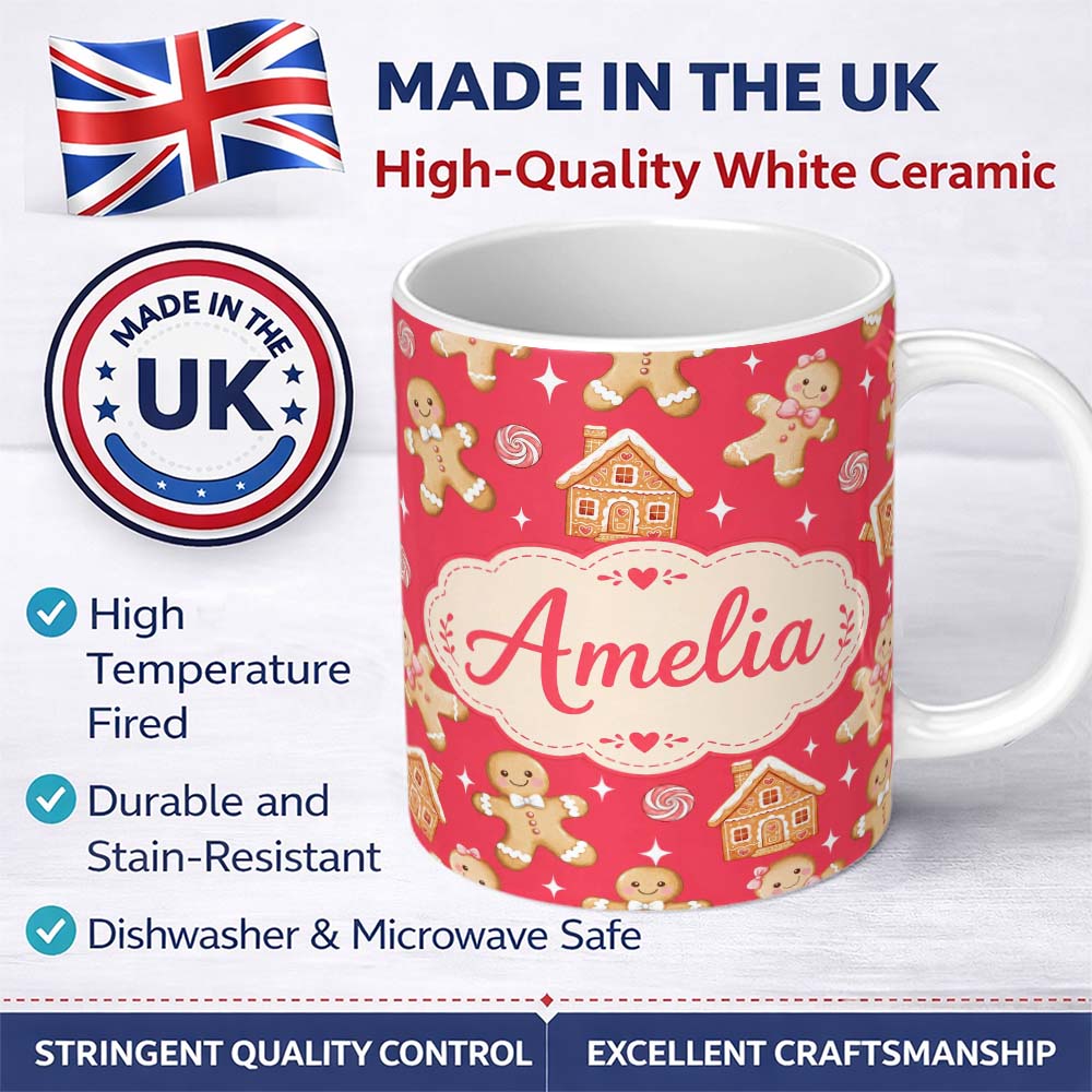 Personalized Custom Name Cute Gingerbread Cookies Candy House on Festive Red Background 11oz Ceramic Coffee Tea Mug White Large Handle
