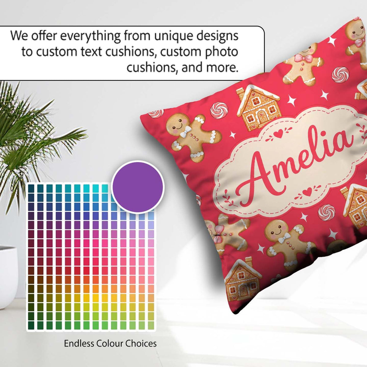 Custom Name Cute Gingerbread Cookies Candy House on Festive Red Square Filled Cushion Throw Pillow Sofa Bed Home Decor Zip Washable UK Made