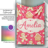 Cute Gingerbread Cookies Candy House on Festive Red Background  Personalised Custom Name Super Soft Fleece Blanket Bed Sofa Throw