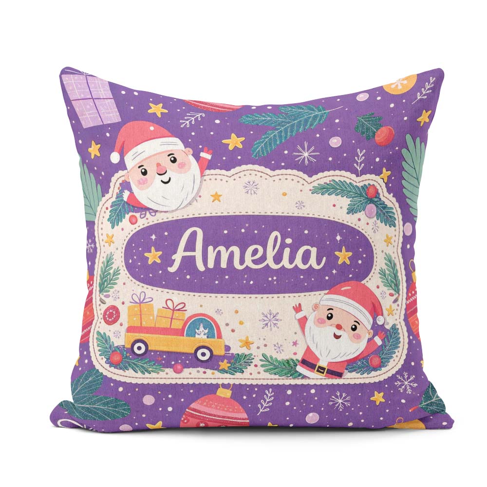 Custom Name Santa Sleigh Gifts Purple Christmas Festive Seamless Square Filled Cushion Throw Pillow Sofa Bed Home Decor Zip Washable UK Made