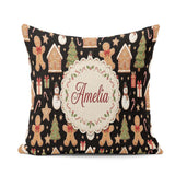 Custom Name Christmas Gingerbread Man Tree Gift Snowman on Black Square Filled Cushion Throw Pillow Sofa Bed Home Decor Zip Washable UK Made