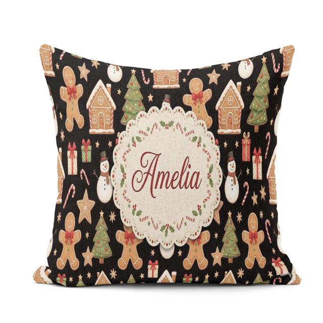 Custom Name Christmas Gingerbread Man Tree Gift Snowman on Black Square Filled Cushion Throw Pillow Sofa Bed Home Decor Zip Washable UK Made