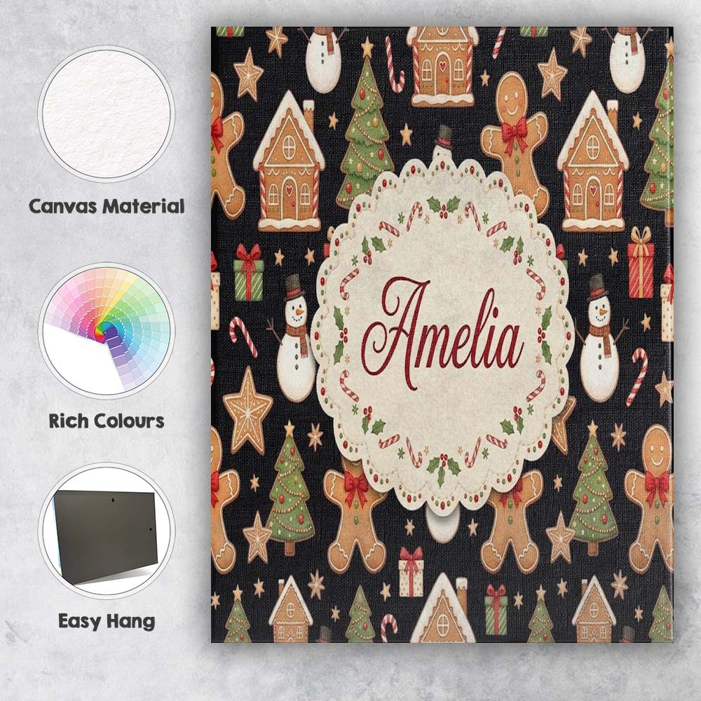 Personalised Name Christmas Gingerbread Man Custom  Bespoke Interior Contemporary Canvas Wall Art Print Decor Picture Ready to Hang
