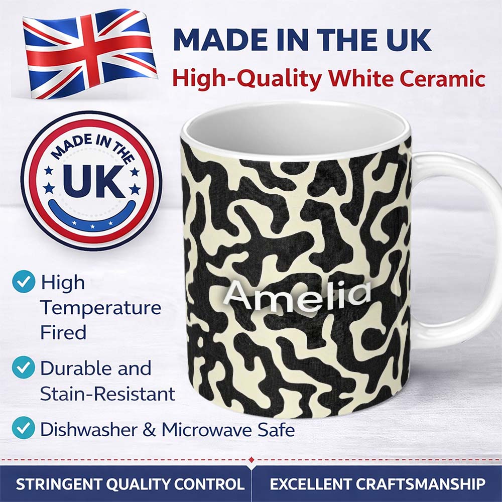Personalized Custom Name Concentric Circles & Stripes Black Cream Abstract Pattern Lovely 11oz Ceramic Coffee Tea Mug White Large Handle