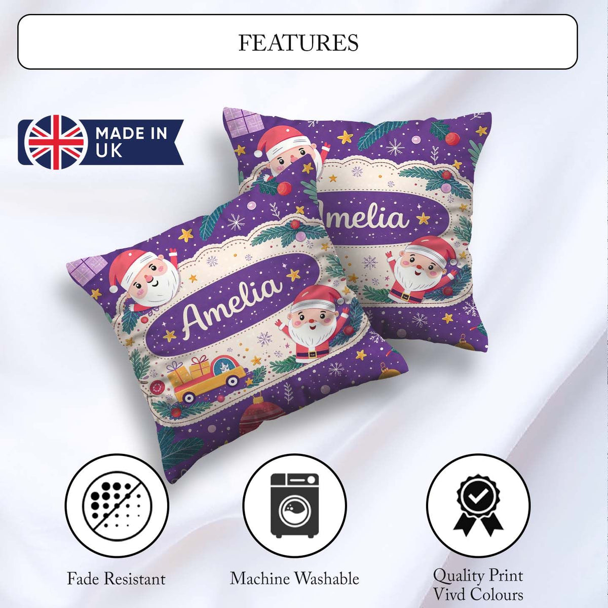 Custom Name Santa Sleigh Gifts Purple Christmas Festive Seamless Square Filled Cushion Throw Pillow Sofa Bed Home Decor Zip Washable UK Made