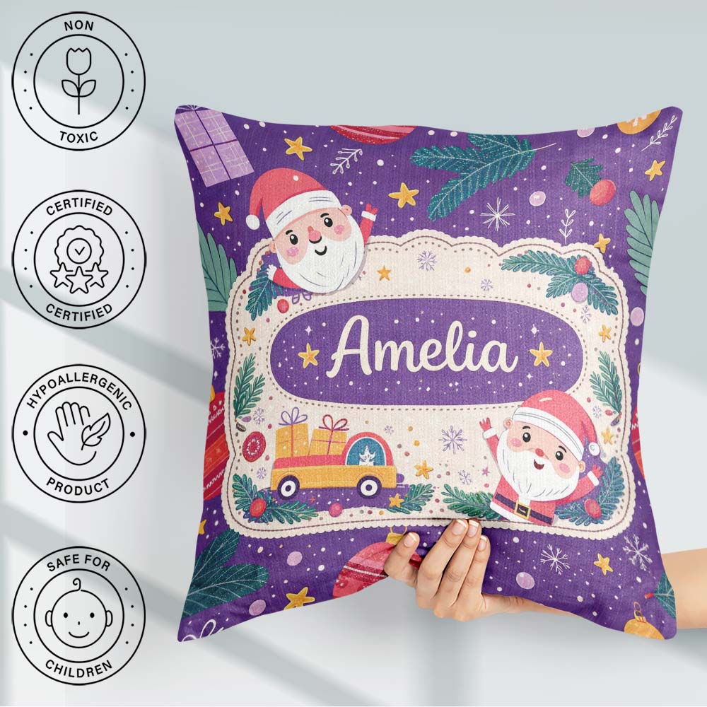 Custom Name Santa Sleigh Gifts Purple Christmas Festive Seamless Square Filled Cushion Throw Pillow Sofa Bed Home Decor Zip Washable UK Made