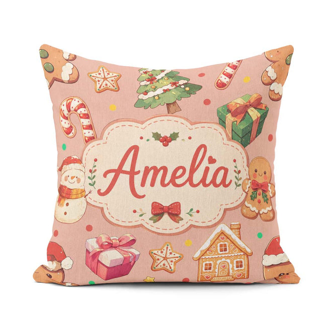 Custom Name Cute Christmas Gingerbread Man Tree Snowman on Peach Square Filled Cushion Throw Pillow Sofa Bed Home Decor Zip Washable UK Made