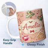 Personalized Custom Name Cute Christmas Gingerbread Man Tree Gift Snowman on Peach 11oz Ceramic Coffee Tea Mug White Large Handle