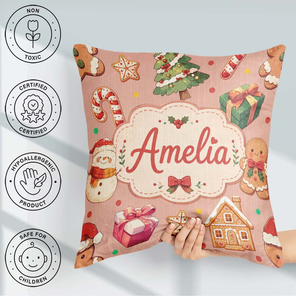 Custom Name Cute Christmas Gingerbread Man Tree Snowman on Peach Square Filled Cushion Throw Pillow Sofa Bed Home Decor Zip Washable UK Made