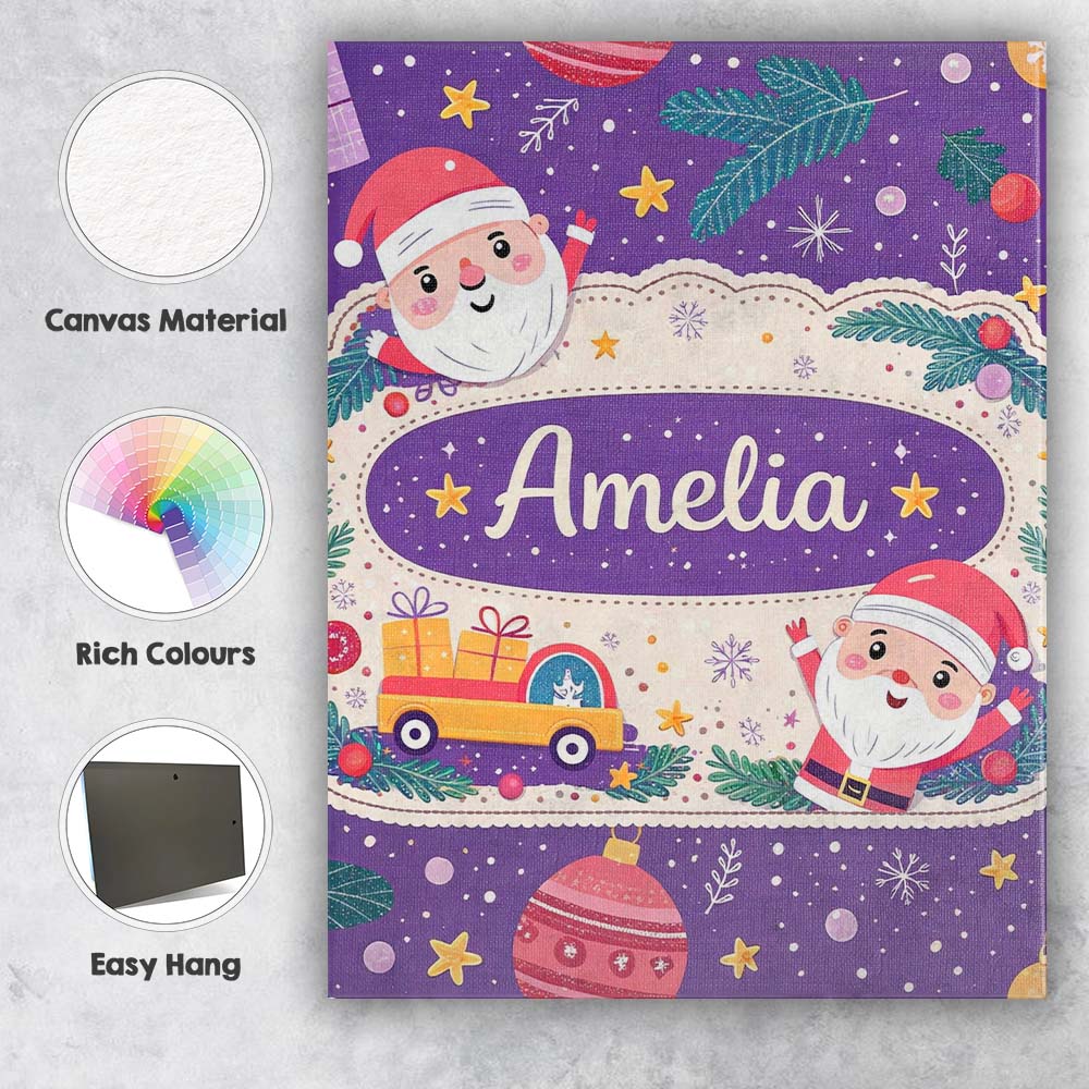 Personalised Name Santa Sleigh Gifts Purple Christmas Festive Custom Contemporary Display Canvas Wall Art Print Decor Picture Ready to Hang