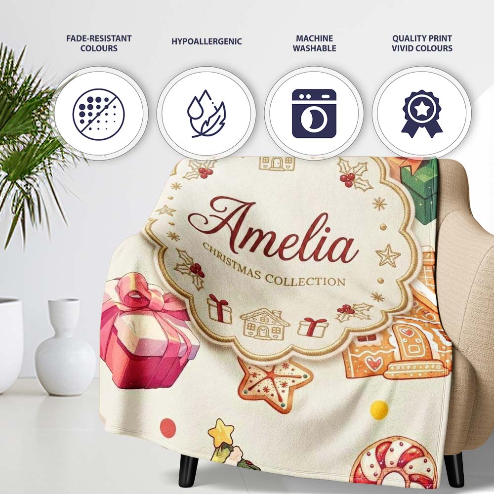 Cute Christmas Gingerbread Man Tree Gift Snowman on Cream  Personalised Custom Name Super Soft Fleece Blanket Bed Sofa Throw