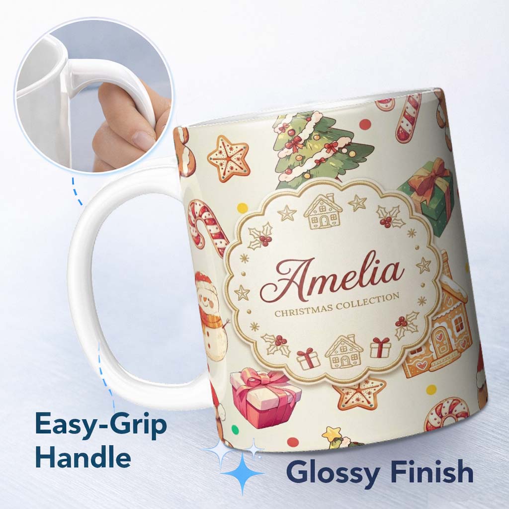 Personalized Custom Name Cute Christmas Gingerbread Man Tree Gift Snowman on Cream 11oz Ceramic Coffee Tea Mug White Large Handle