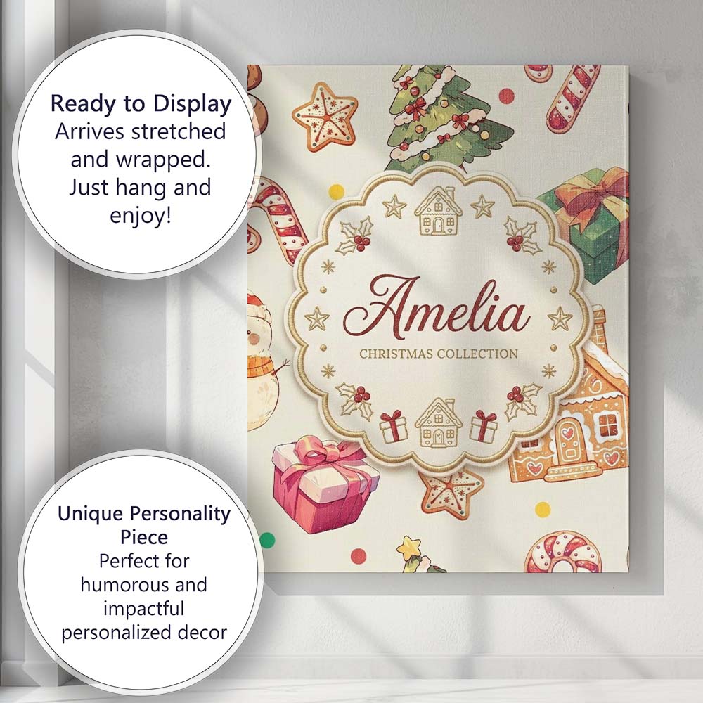 Personalised Name Cute Christmas Gingerbread Custom Bespoke  Contemporary Display Canvas Wall Art Print Decor Picture Ready to Hang