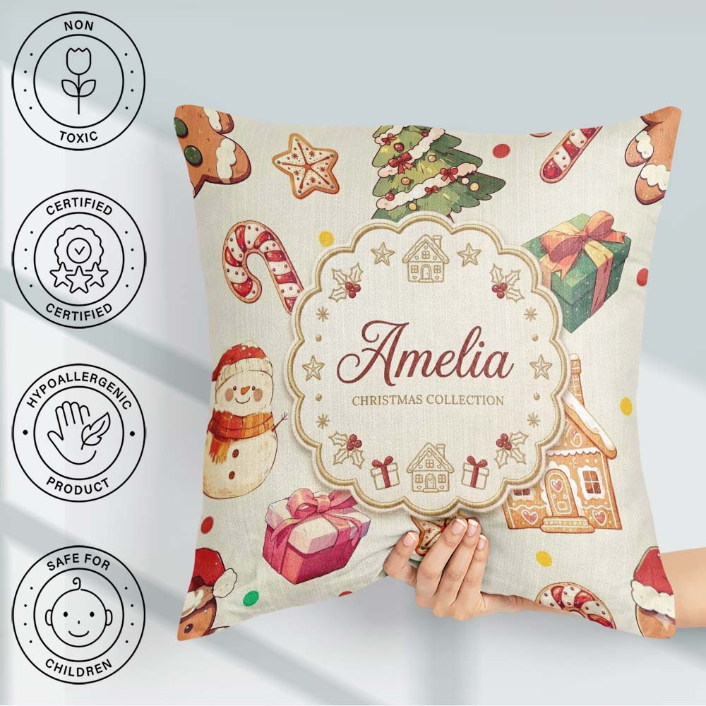Custom Name Cute Christmas Gingerbread Man Tree Snowman on Cream Square Filled Cushion Throw Pillow Sofa Bed Home Decor Zip Washable UK Made