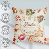 Custom Name Cute Christmas Gingerbread Man Tree Snowman on Cream Square Filled Cushion Throw Pillow Sofa Bed Home Decor Zip Washable UK Made